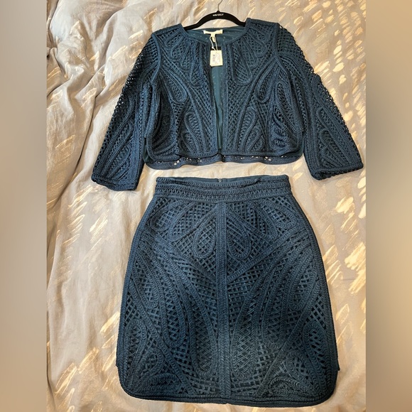 Maje Navy Crochet Suite, Skirt size 38 & Jacket size 36 - Picture 1 of 6
